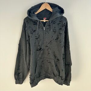 Charcoal heather distressed zip-up hoodie with a worn look